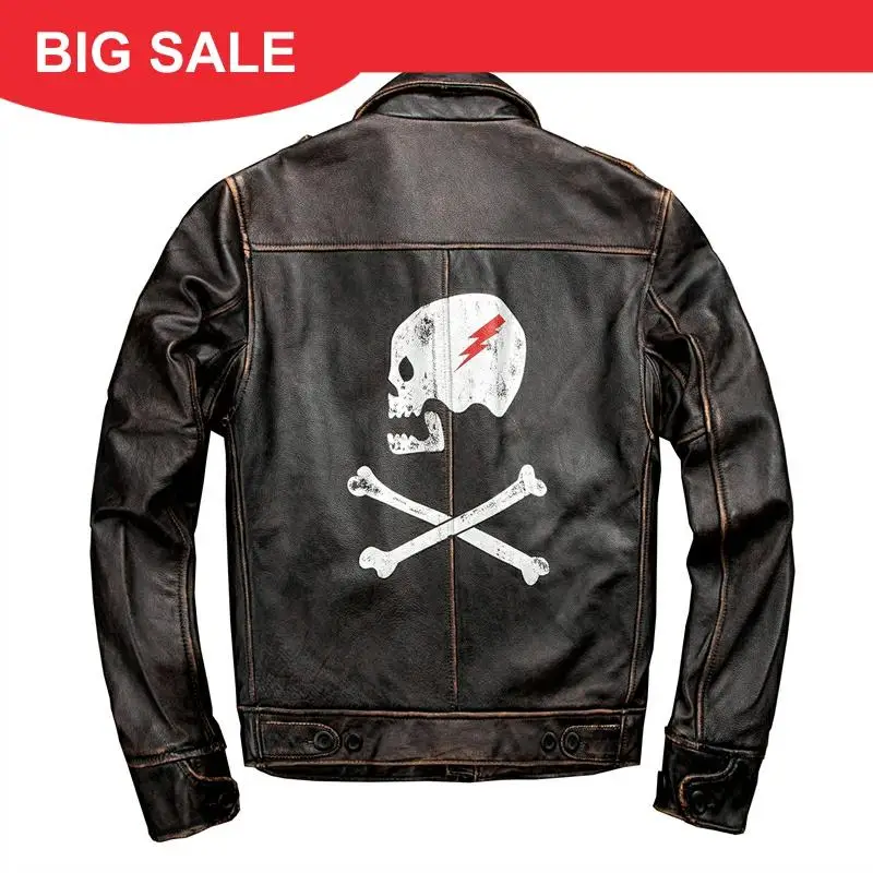 

2020 Vintage Brown Men Skulls Pattern Leather Jacket Plus Size XXXXL Genuine Cowhide Russian Winter Slim Fit Leather Coat