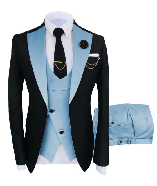 

Custom Made Black Suits Men 3 Pieces Groom Wedding Suit Tuxedo Best Man Blazer Sky Blue Vest Pants Chic Fashion Marriage Costume