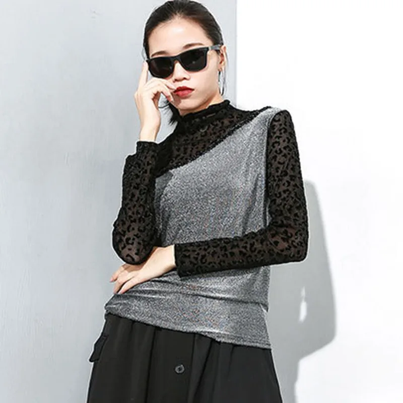 LANMREM Winter New Stitching T-shirt Personality Round Neck Long-sleeved Slim Stretch Bottoming Shirt Women's 19B-a59