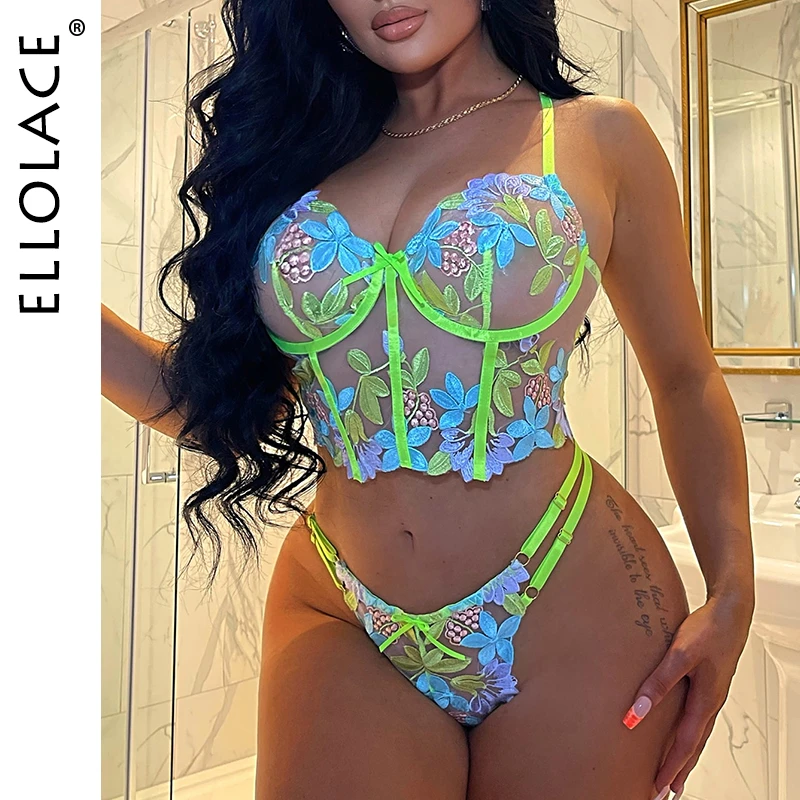 black lace underwear set Ellolace Luxury Lingerie Sexy Floral Embroidery Set Woman 2 Pieces Underwire Bra Thongs Exotic Intimate Neon Green Underwear lounge underwear set