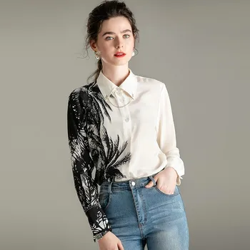 

Women Tops 2020 Wpring New Mulberry silk Long sleeve Turndown collar Concision OL Print stitching Single Breasted Shirt S-XL