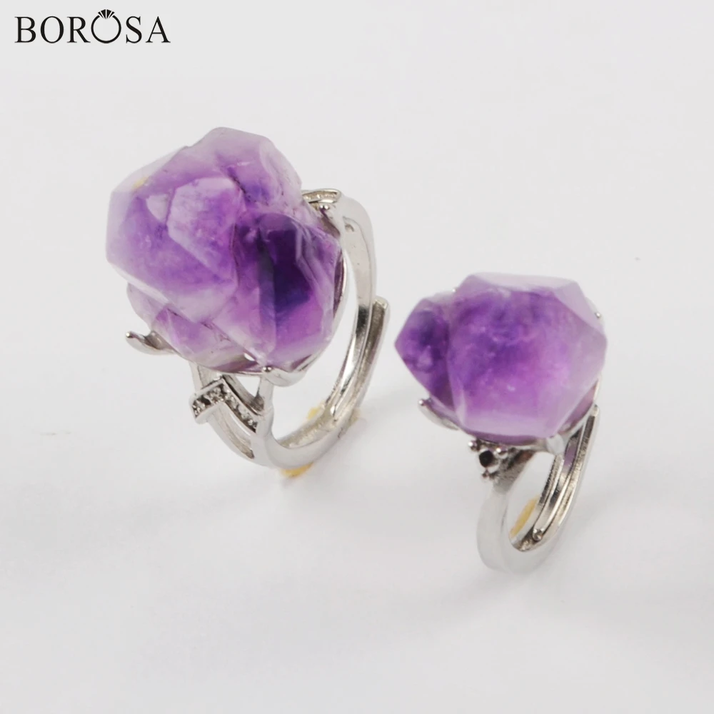 BOROSA 10 шт. с серебряной рамкой коготь аметисты граненое открытое Ювелирное кольцо Смешанные Различные размеры ободок фиолетовые кварцевые кольца ZG0432