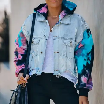 

Women's Hooded Jackets 2020 Spring Autumn Fashion Long Sleeve Pockets Tie Dye Ripped Denim Jacket Streetwear Coat