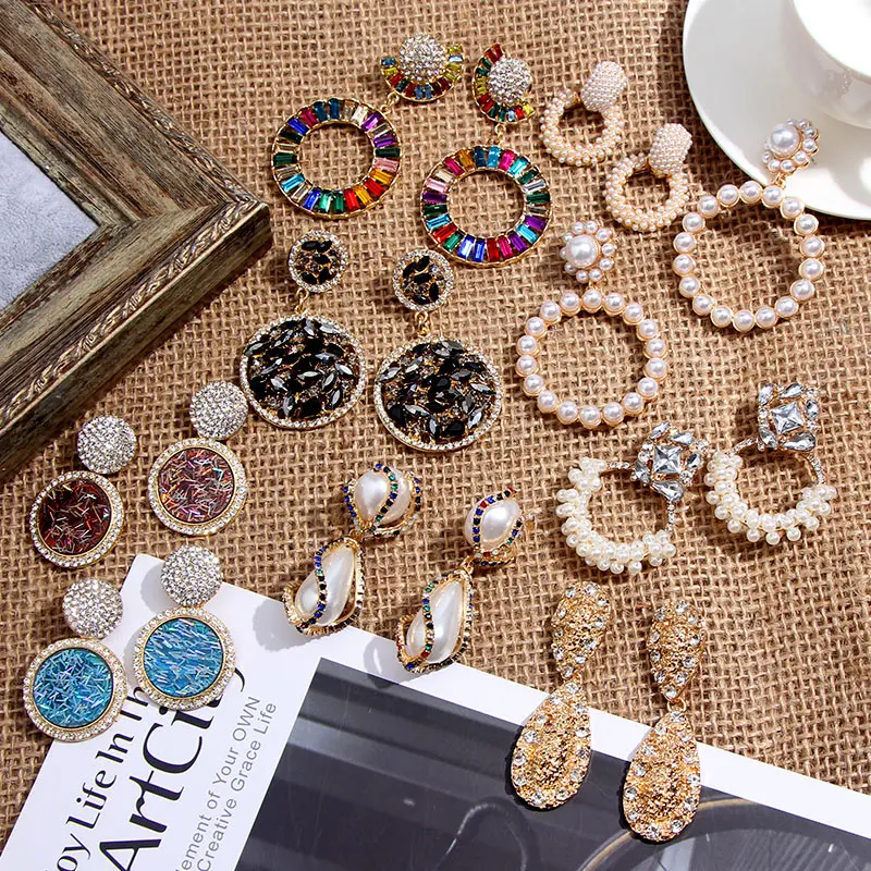 Flatfoosie New Simulated Pearl Drop Earrings For Women Geometric Round Shiny Colorful Crystal Statement Earrings Fashion Jewelry