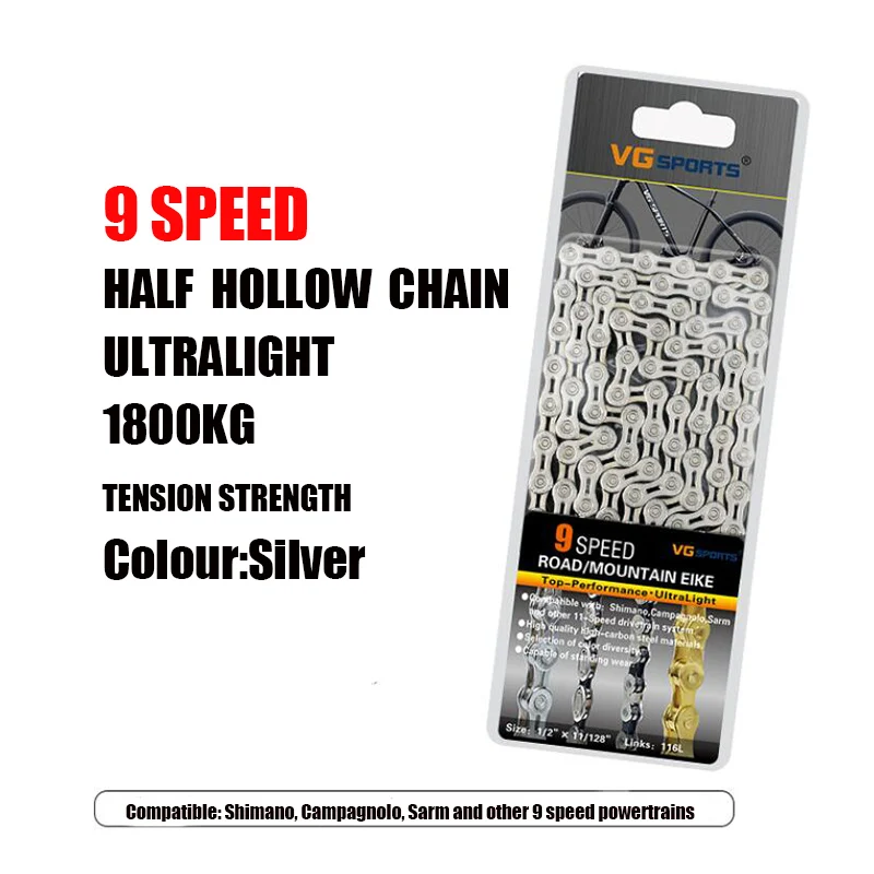 9 speed Silver VG Sports 8 9 10 11 цепь для скоростного велосипеда Серебряная полуполая велосипедная цепь для горного велосипеда полые цепи сверхлегкие 116л золотые - Цвет: 9 speed Silver