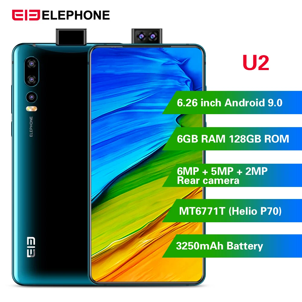 Смартфон ELEPHONE U2 4G 6 26 дюймов Android 9 0 ГБ ОЗУ 128 Гб ПЗУ 16 МП 5 Мп 2 всплывающие камеры