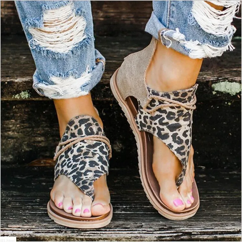 

2020 Summer Roman Retro Women Sandals Leopard Print Shoes Women Large Size 35-43 Flats Sandals Women Beach Sandals Zapatos