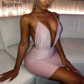 

Beyprern Sexy Spaghetti Strap Metallic Sequins Mini Dress Boho Womens Back Cross Plunging V Neck Bandage Party Dress Wholesale