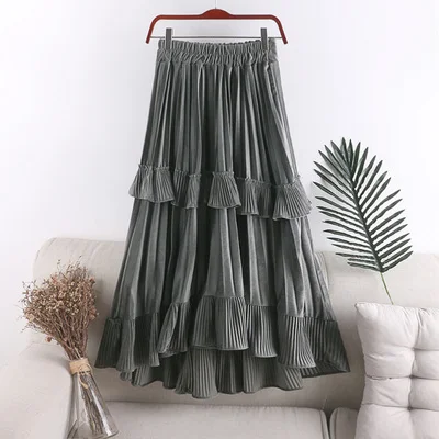 black grey white beige flexible elastic high waist asymmetrical ruffles pleated winter skirt for women womens vintage skirts - Цвет: 4