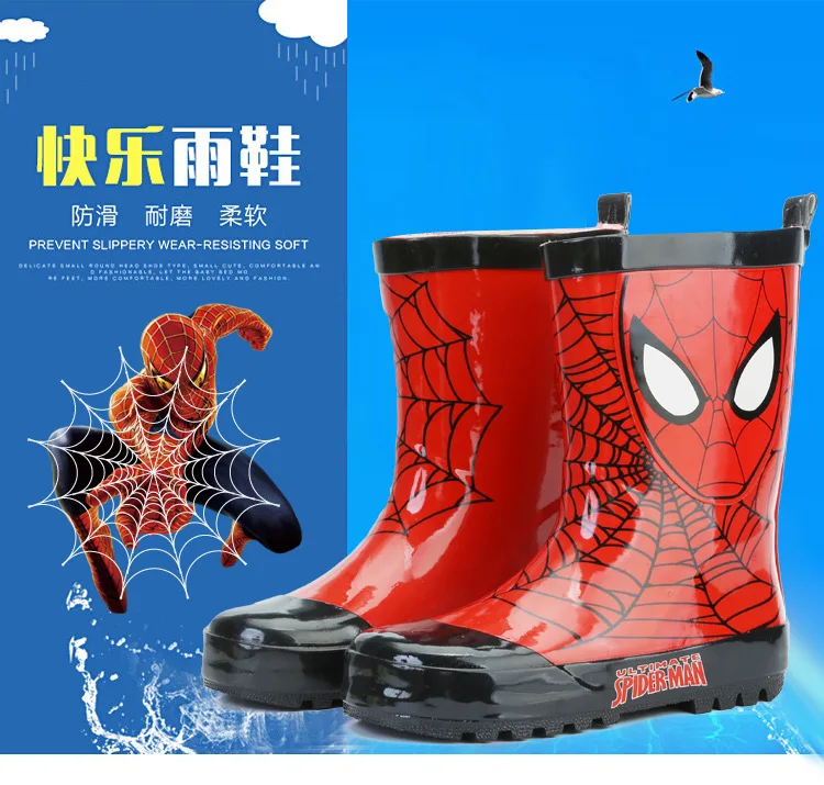 Disney/Модные непромокаемые сапоги с рисунком Человека-паука для мальчиков; красные Нескользящие резиновые сапоги; ботинки для начальной школы; Водонепроницаемая Обувь для мальчиков