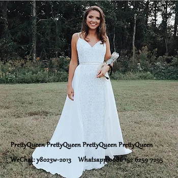 

Bohemia A Line Lace Wedding Dress For Women Spaghetti Strap Overskirt White Long Bridal Dresses Gown Vestido De Noiva