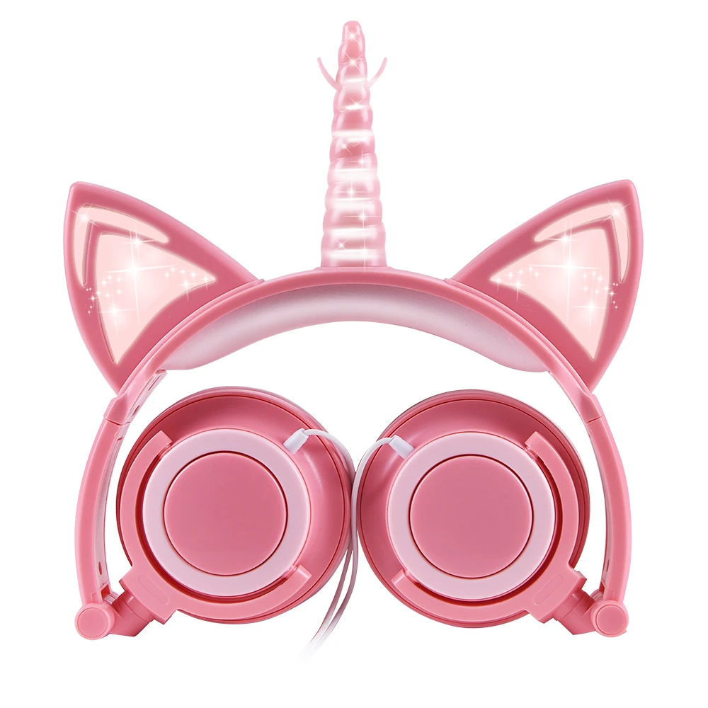 Eson Style Foldable Unicorn Wired Kids Girl Cat Ear LED Glowing Gaming Headset Headphones Noise Cancelling Jack 3 5mm Mic