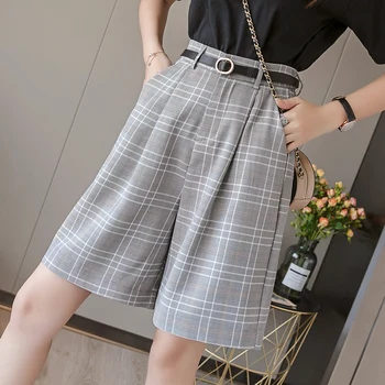

Plaid women pants summer loose high waist straight leisure half length wide leg pants women checked capris with belt New 2020