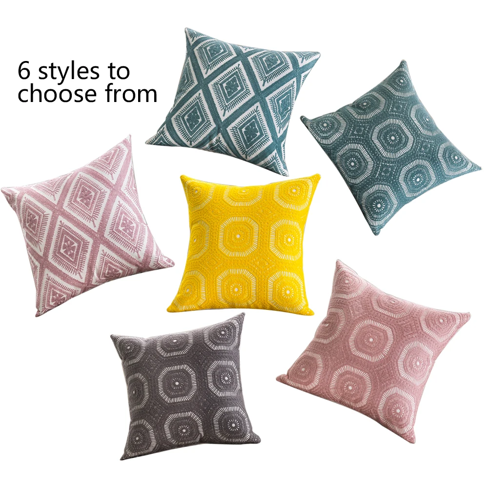 45X45CM Embroidered Cushion Cover Cotton Canvas Square Pillow Cover Geometry Pattern Pillowcase 1PC Flower Pillowcase Polyester