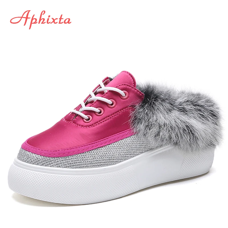 Aphixta/зимние тапочки на платформе; женские теплые тапочки на высоком каблуке с натуральным мехом; женская обувь на толстой подошве; тапочки с бантом