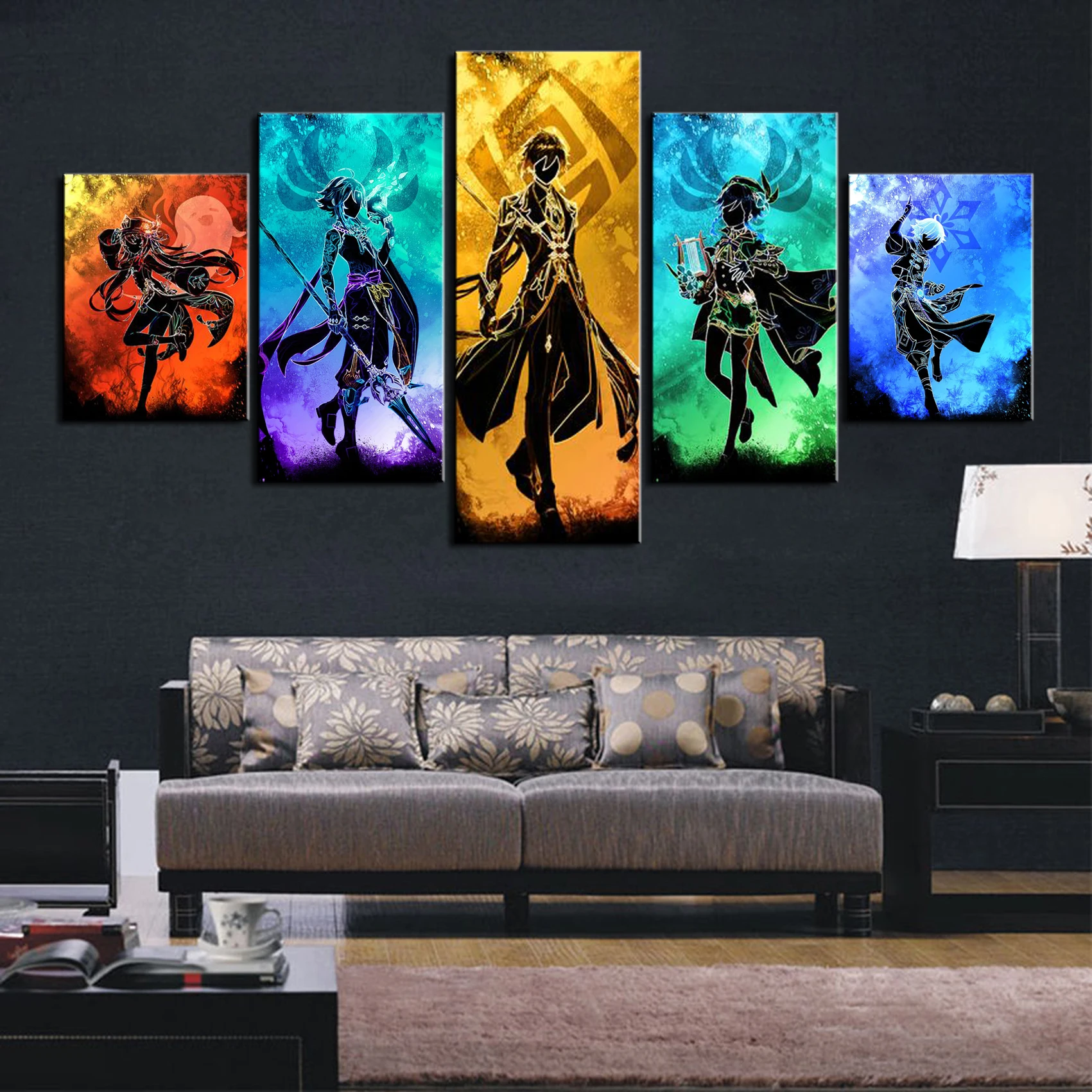 

No Framed Canvas 5Pcs Anime Genshin Impact Game HD Wall Posters Pictures Paintings Home Decor Accessories Living Room Decoration