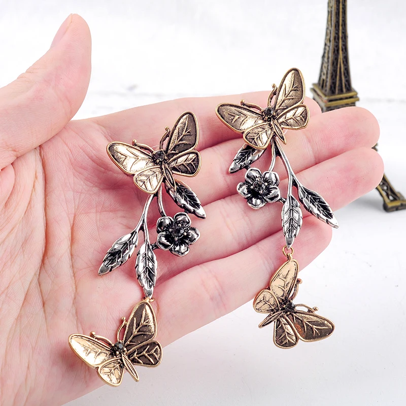 Античный цвет Кристалл Бабочка Цветы ветка листья висячие серьги для женщин Подарки модные ювелирные изделия аксессуары