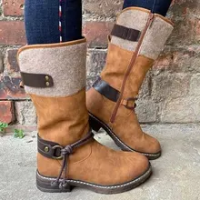 Женские сапоги средней высоты с круглым носком на низком каблуке; теплые слипоны; женская обувь; chaussure zapatos mujer; Винтажные ботинки-гладиаторы; H274