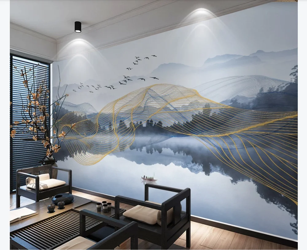 Custom wallpaper mural new Chinese abstract light luxury mood golden landscape background wall- waterproof material