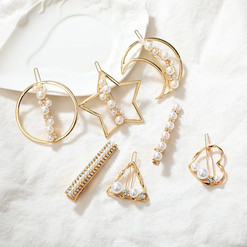 

Fashion Star Heart Circle Pearl Hair Clip Hairpin Triangle Hollow Out Moon Shape Women Barrettes Hair Styling Accessories