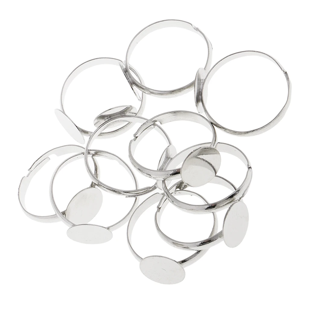 10Pcs 10mm Pad DIY Ring Base Adjustable Ring Blanks Glue On Cabochons Rings