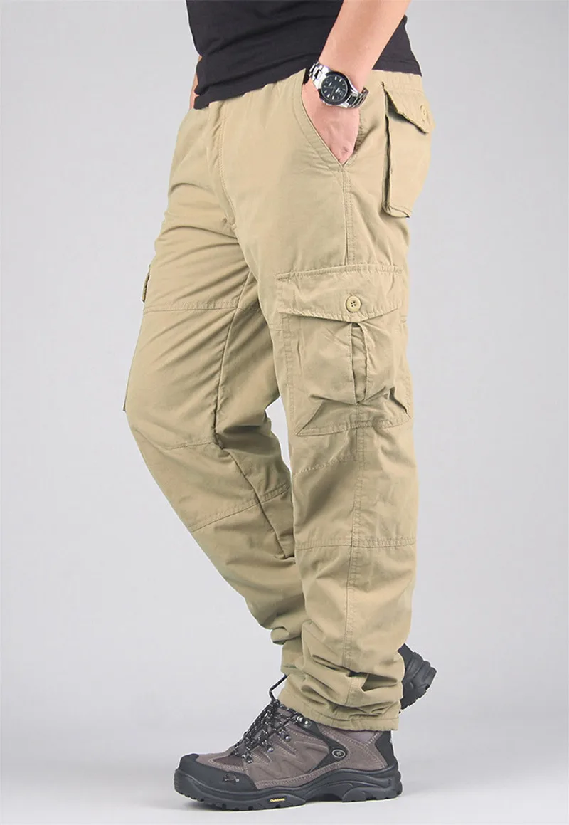 Осенне-зимние мужские брюки карго, утепленные флисовые двухслойные брюки, мужские повседневные хлопковые военные тактические мешковатые штаны, теплые брюки - Цвет: Хаки