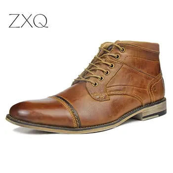 

Genuine Leather Men's Boots Vintage Style High-Cut Lace-Up Shoes Men Fashion Casual Brogue Leather Boots