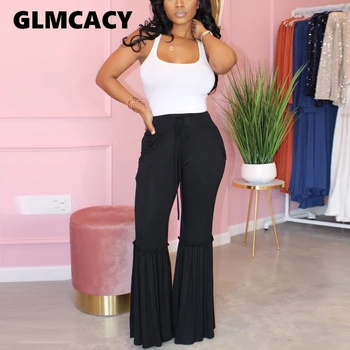 

Women Casual Solid Drawstring Loose Pants High Waist Wide Leg Flare Pants Elegant OL Workwear Trousers