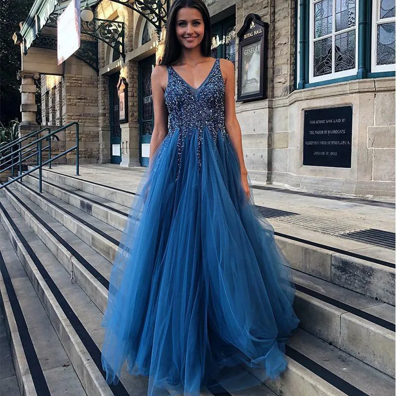 Новое поступление элегантное ТРАПЕЦИЕВИДНОЕ ПЛАТЬЕ С v-образным вырезом для выпускного вечера длинное платье с открытой спиной для выпускного платья для гостей с поясом TX001 - Цвет: Royal Blue
