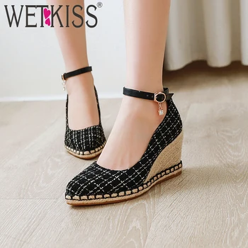 

WETKISS Wedges Shoes Woman Casual Straw Espadrille Platform Pumps Ladies Ankle Strap High Heel Pumps Women Shoes Cozy