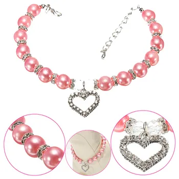 

Pet Cat Dog Pearl Necklace Rhinestones Heart Pendant Adjustable Pearls Necklace for Puppy Chihuahua Yorkie Bling Jewelry for Pet