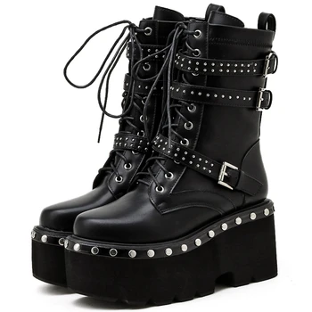 

Brand New Stylish Rivets Shoelaces Skidproof Platform Chunky Heels Buckles Belt Cool Motorcycles Boot Shoes Boots Women