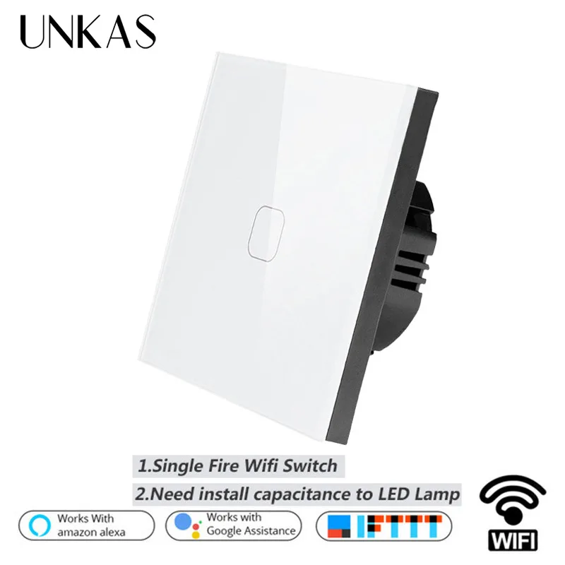 

UNKAS EU/UK WIFI Smart 1 Gang Touch Switch APP Wireless Remote Light Wall Touch Switch Work With Alexa / Google Home