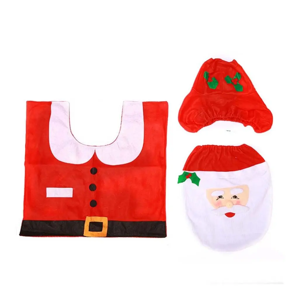 

3 PCS/Set Christmas Decorations Bathroom Toilet Seat Cover Household Christmas Floor Mat Toilet Tank Cover