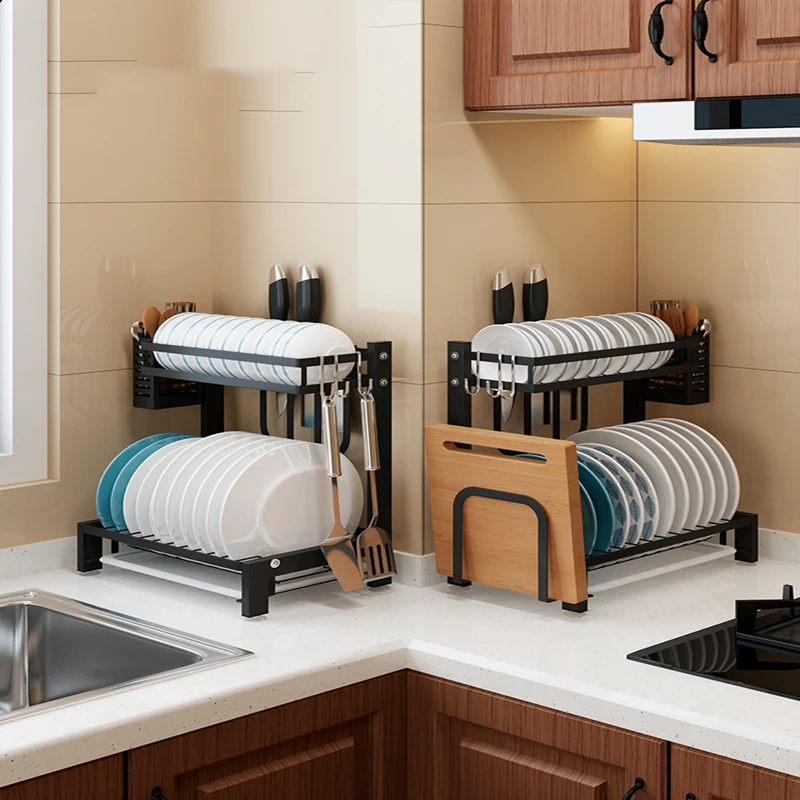 Kitchen racks dish rack drain household dish cupboard stainless steel hanging tableware knife holder double storage box