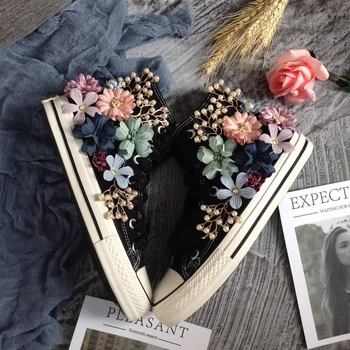 

Womens Canvas Rhinestones Beads Floral Pearl Sport Sneakers Flats Shoes High Top Flowers DIY Sweet Black White B310