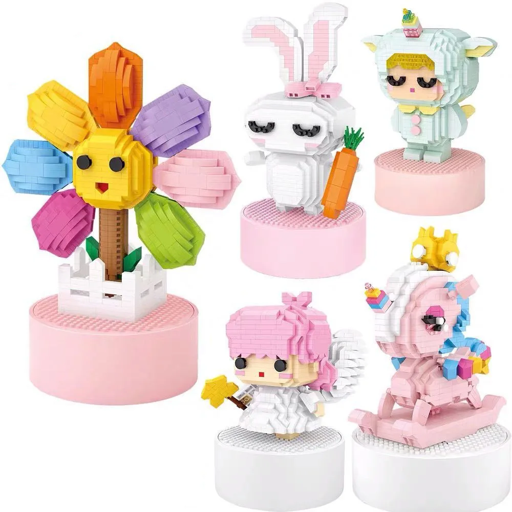 

Cute Unicorn music box building block toy building block Angel rabbit sun flower music box children's girlfriend birthday gift