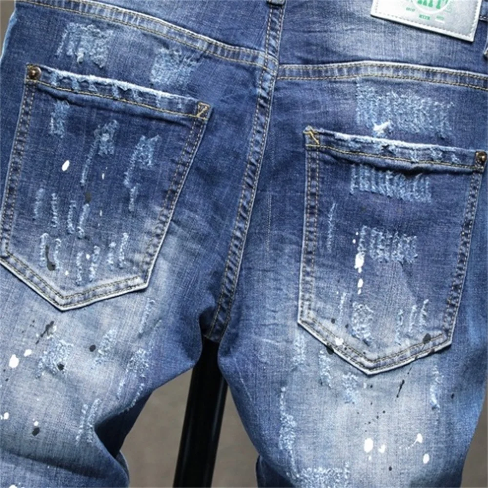 EH·MD® Claw Pattern Ripped Jeans Men's Inkjet White Dots Cat Whisker Slim Cotton Red Ears Soft Stretch Beggar Pants Reflective