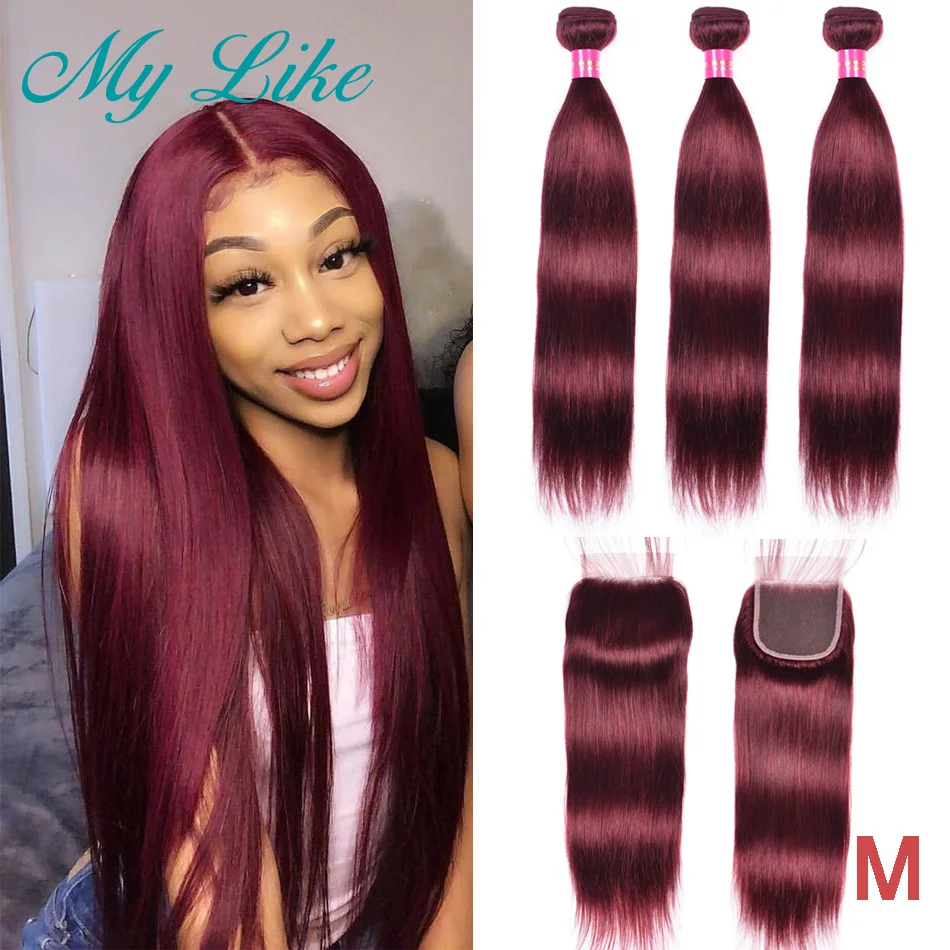  My Like 99J Straight Hair Bundles with Closure Red Burgundy Human Hair Bundles with Closure Nonremy