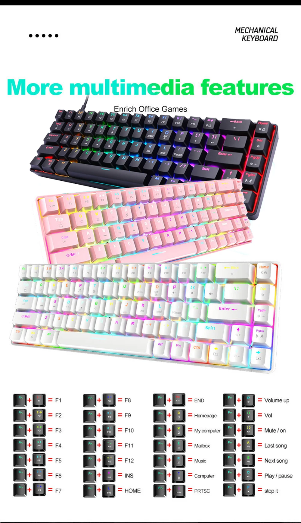 RGB Gaming Mechanical Keyboard Wired 68 Key Small Game Keyboard LED Backlight Red Blue Switch For Gamer Laptop PC Computer