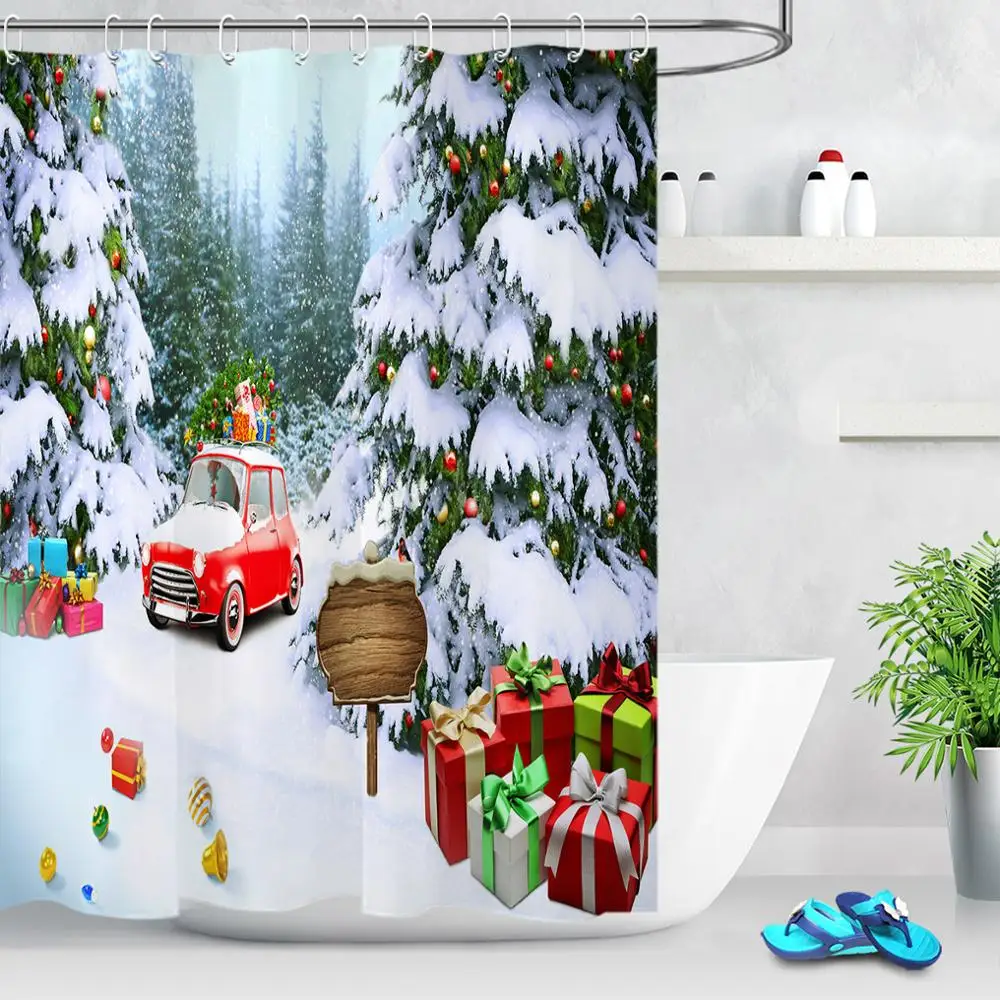 Red Truck Shower Curtain Christmas Tree Snowing Bath Curtain Waterproof Polyester For Bathroom with 12pcs Hooks And Mats Rugs