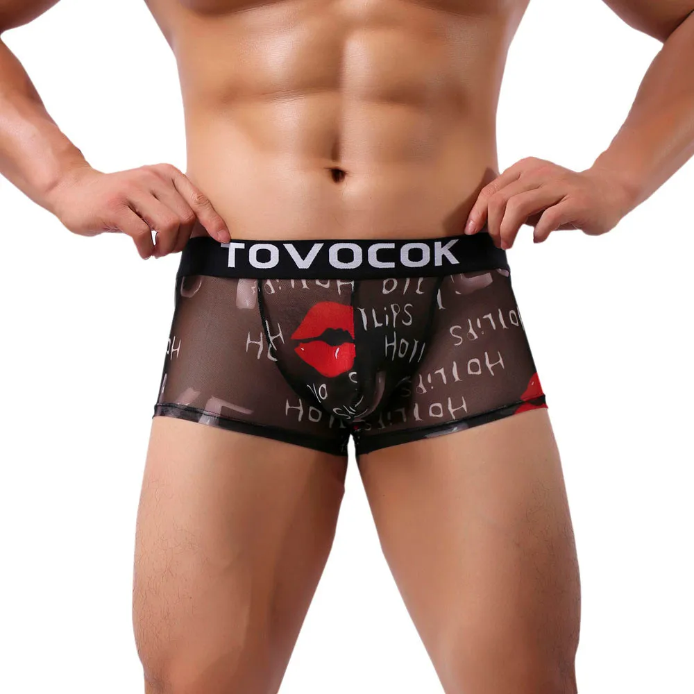 Mens Boxer Sexy lips Printed Underwear Transparent See Through Shorts Male Panties penis gay Underpants Soft cueca gift for male - Цвет: Черный