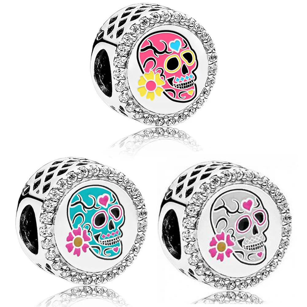 

2019 NEW 100% 925 Sterling Silver PAN Day Of The Dead Charm Women's Fit DIY Bracelet & Bangle Original Fashion Jewelry Gift