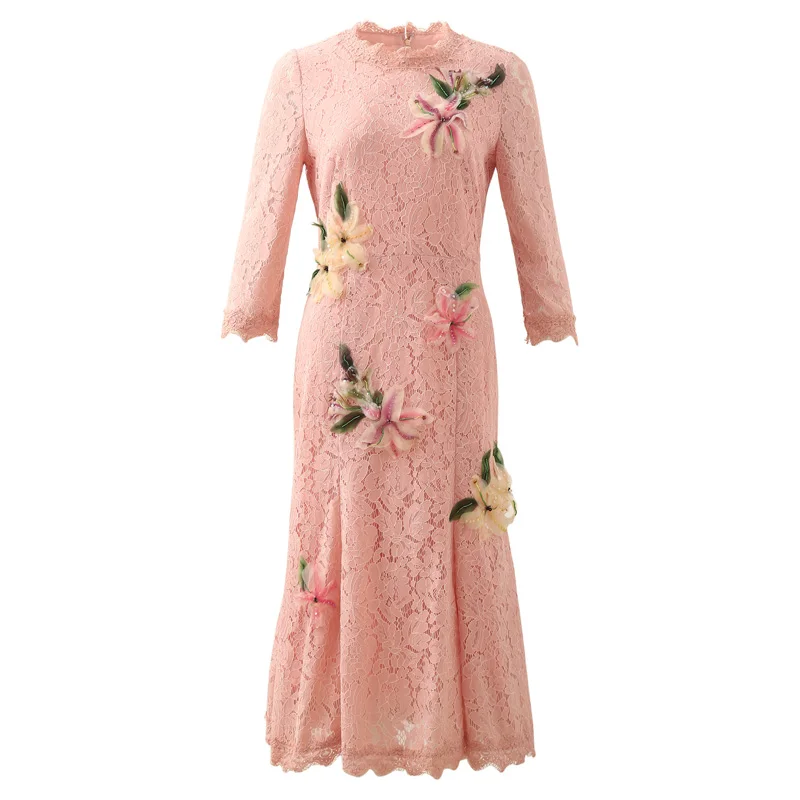 

Red RoosaRosee Designer Women Autumn Heavy Three-dimensional Flower Applique Beads Elegant Lace Dress Mermaid Vestidos Party New