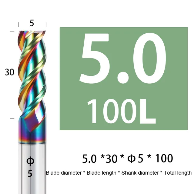 Colorful End Mill Aluminium HRC55 3F Milling Cutter Acrylic Wood Copper Plastic Cutting Tool CNC Maching Milling Tools Endmils 5X30XD5X100L