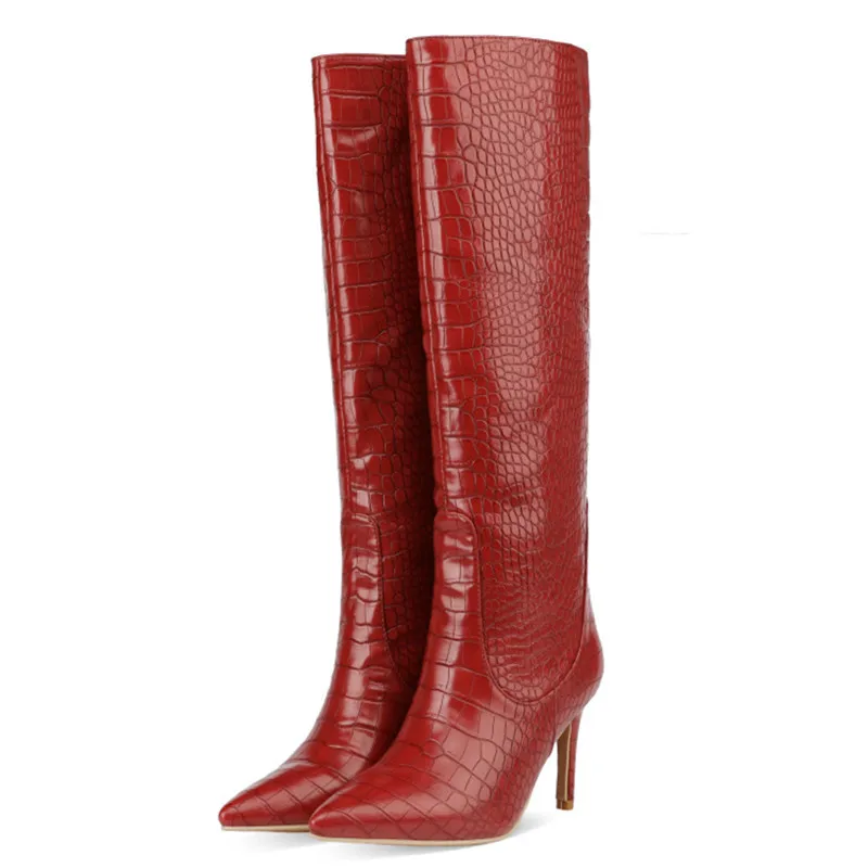 Sexy Slim High Heel Boots Quality Brand Designer Stiletto Heel Botas Mujer Pointed Toe Embossed Female Knww High Boots Plus Size