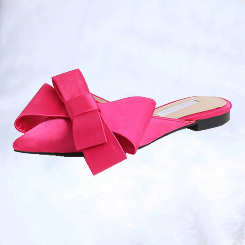 

Pointed Bow Tie Slippers Baotou Flat Heel Sets Semi Slippers 2019 Spring And Summer Women's Shoes Korean Silk Satin