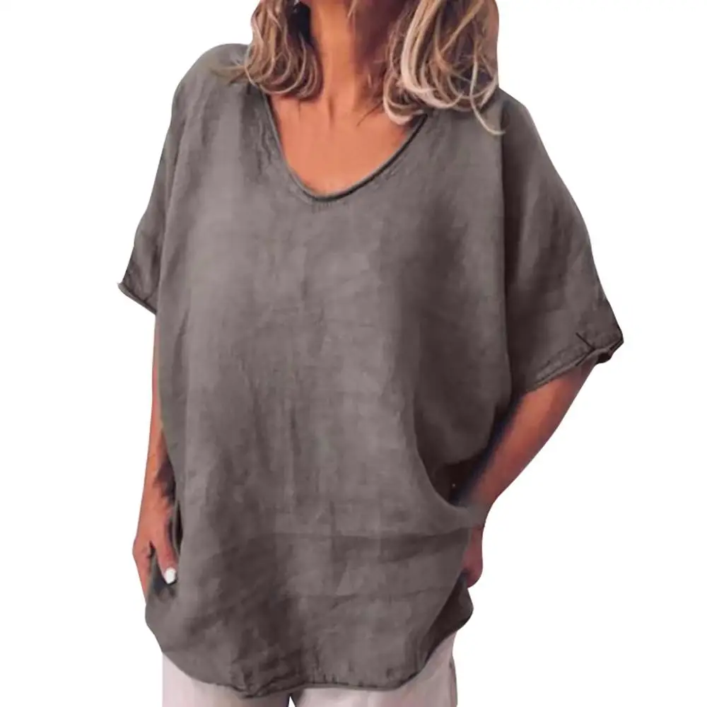 Женская блузка с коротким рукавом размера плюс, Женская Повседневная летняя однотонная блузка с круглым вырезом и коротким рукавом, Повседневная рубашка размера плюс, блузка# G - Цвет: Gray