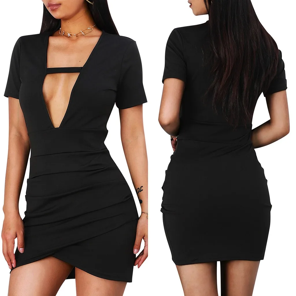 Сексуальное летнее женское платье с глубоким v-образным вырезом коротким рукавом