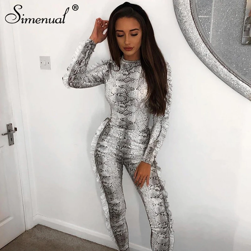 snake print Simenual, змеиный принт, оборки, модные одинаковые комплекты, для женщин, обтягивающие, облегающие, Осенние, два предмета, наряды, длинный рукав, топ и штаны, комплект - Цвет: snake print